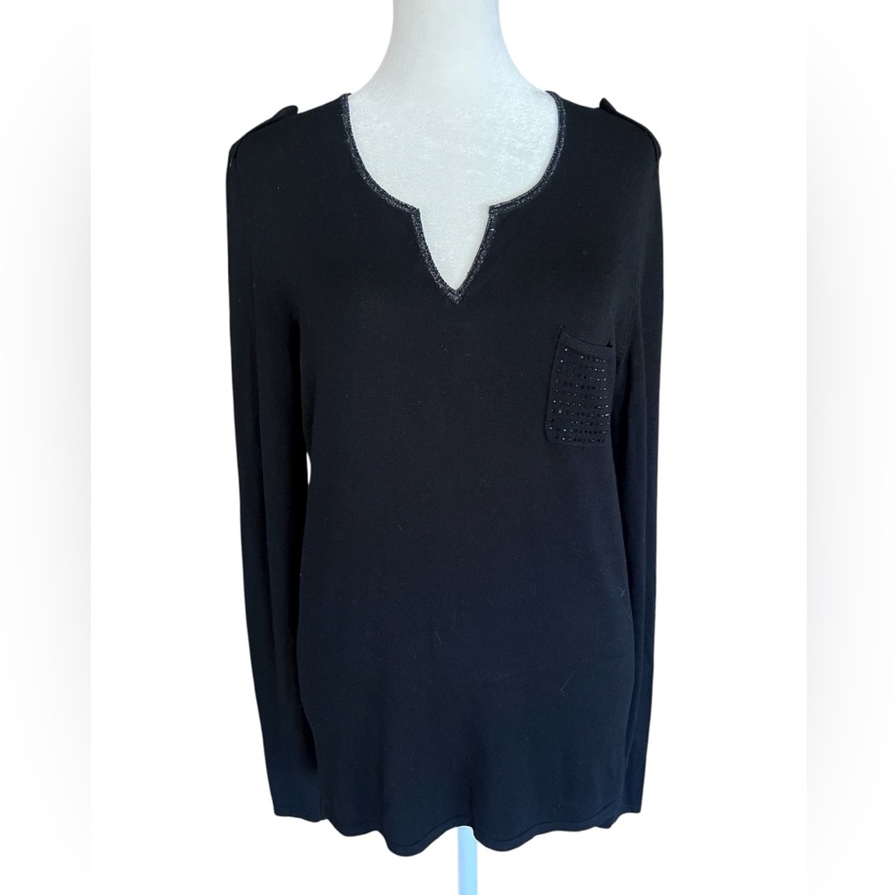 GERARD DAREL Paris Luxury Black Knit‎ Sweater Rhinestone Epaulets French-Chic